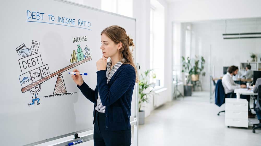 Woman standing at chart of Debt to Income Ratio