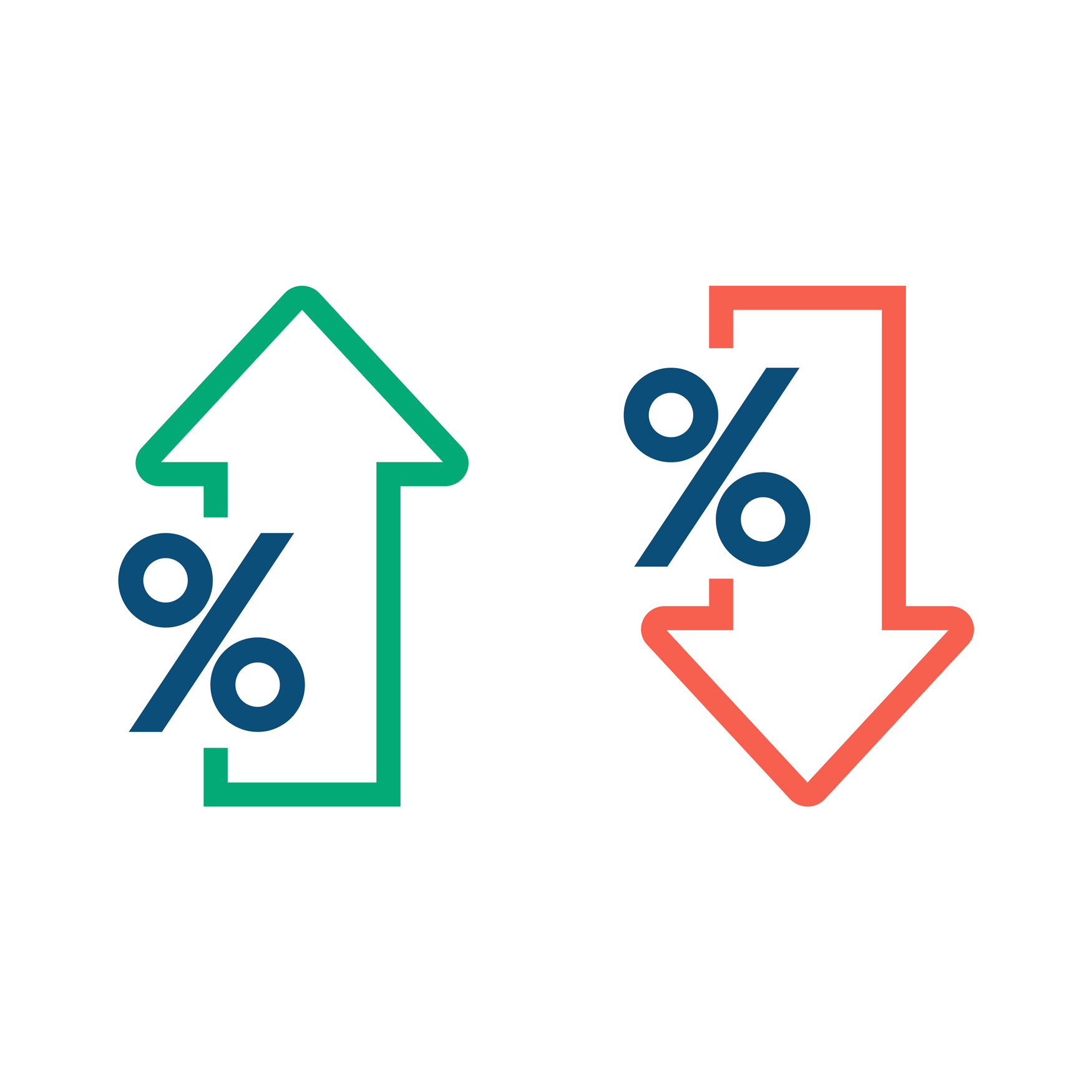 An image of two arrows labeled with percentage symbols, one in green pointing up and one in red pointing down.