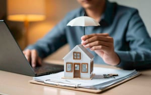  A close-up image of a tiny toy house sitting on a clipboard of insurance documents with a blurred man in the background holding a tiny umbrella over it. 